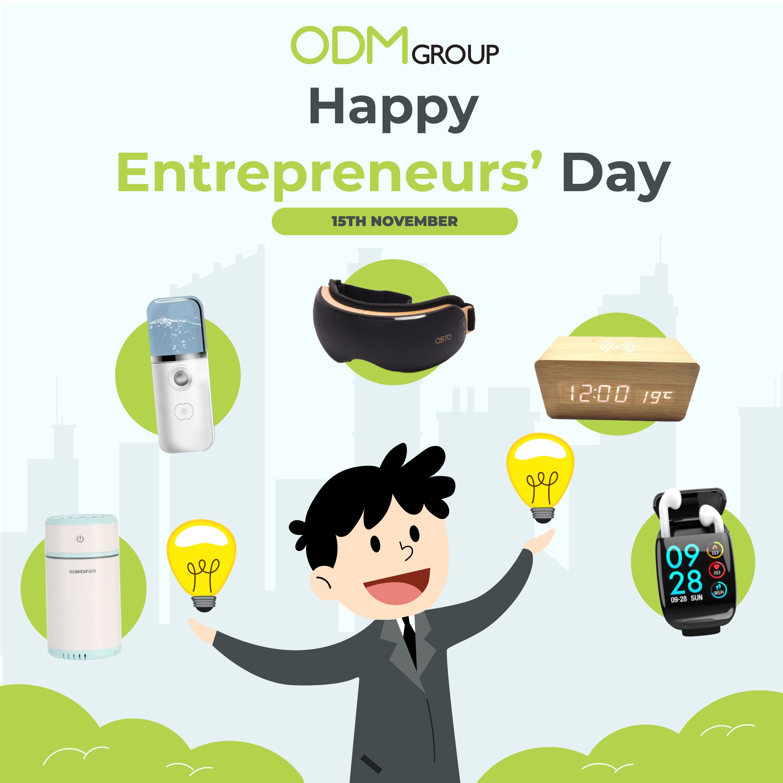 Graphic celebrating National Entrepreneurs' Day with various tech gifts.