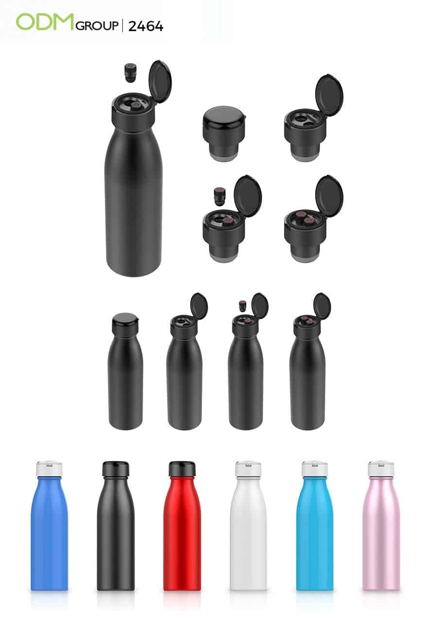 Colorful water bottles with built-in Bluetooth earphones.