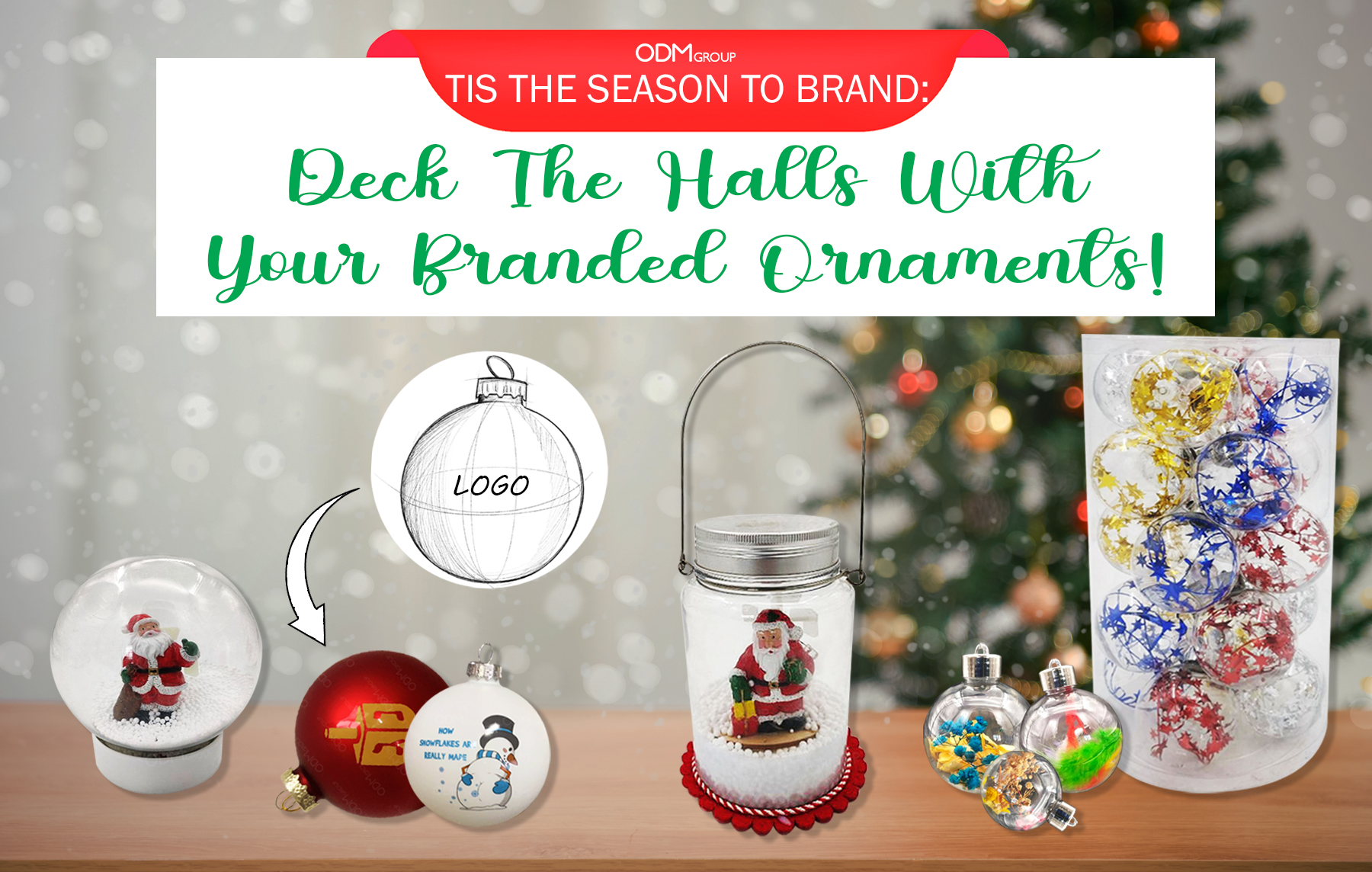 Assortment of branded Christmas ornaments for corporate Christmas gif ideas.