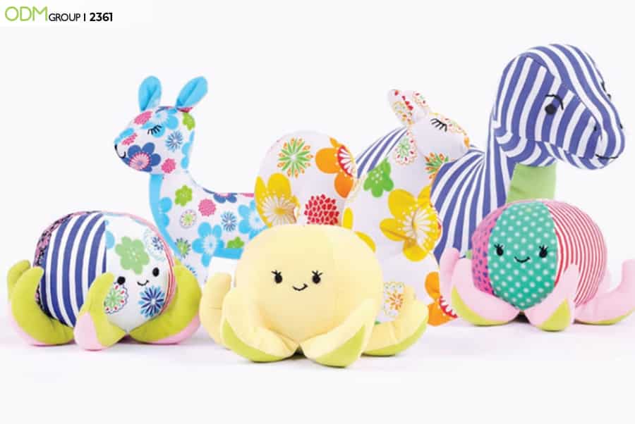 Colorful plush toys in various animal shapes.