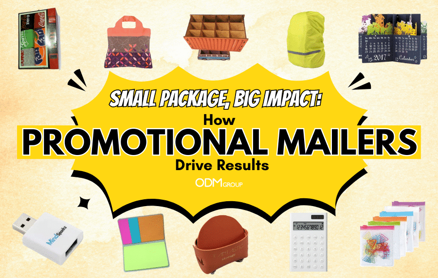 Various promotional mailers including USB drive, calculator, and desk organizer.