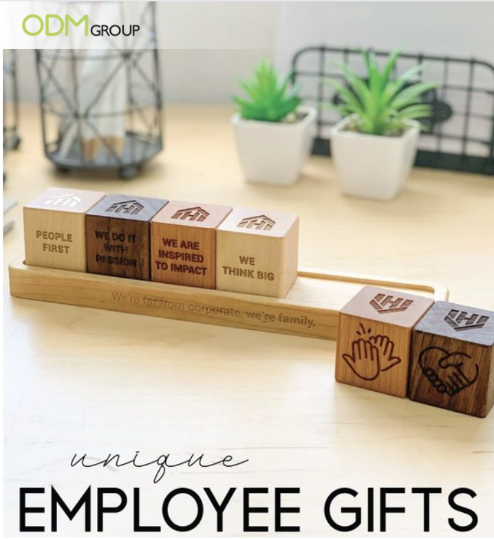 Unique employee recognition gifts to improve morale at work, featuring customized wooden blocks with motivational messages.
