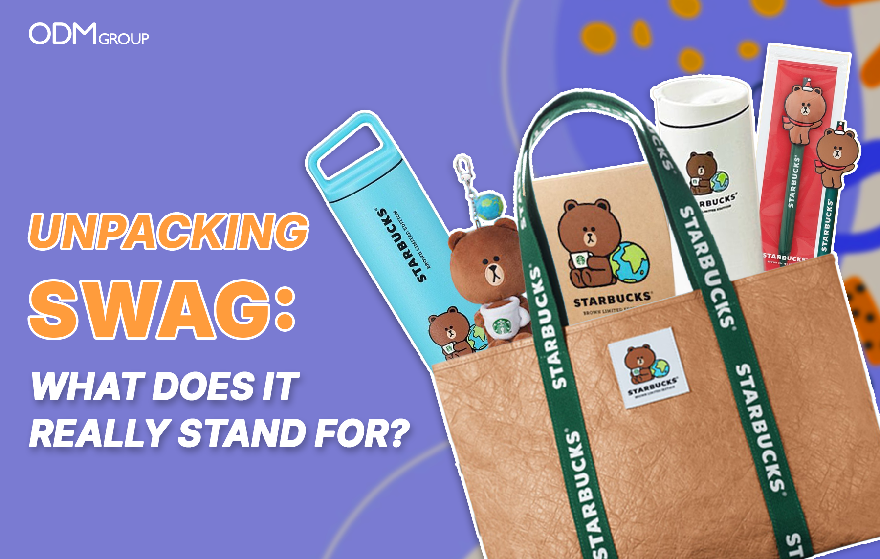 A variety of Starbucks-branded swag items including a tote bag, water bottles, and plush keychains.