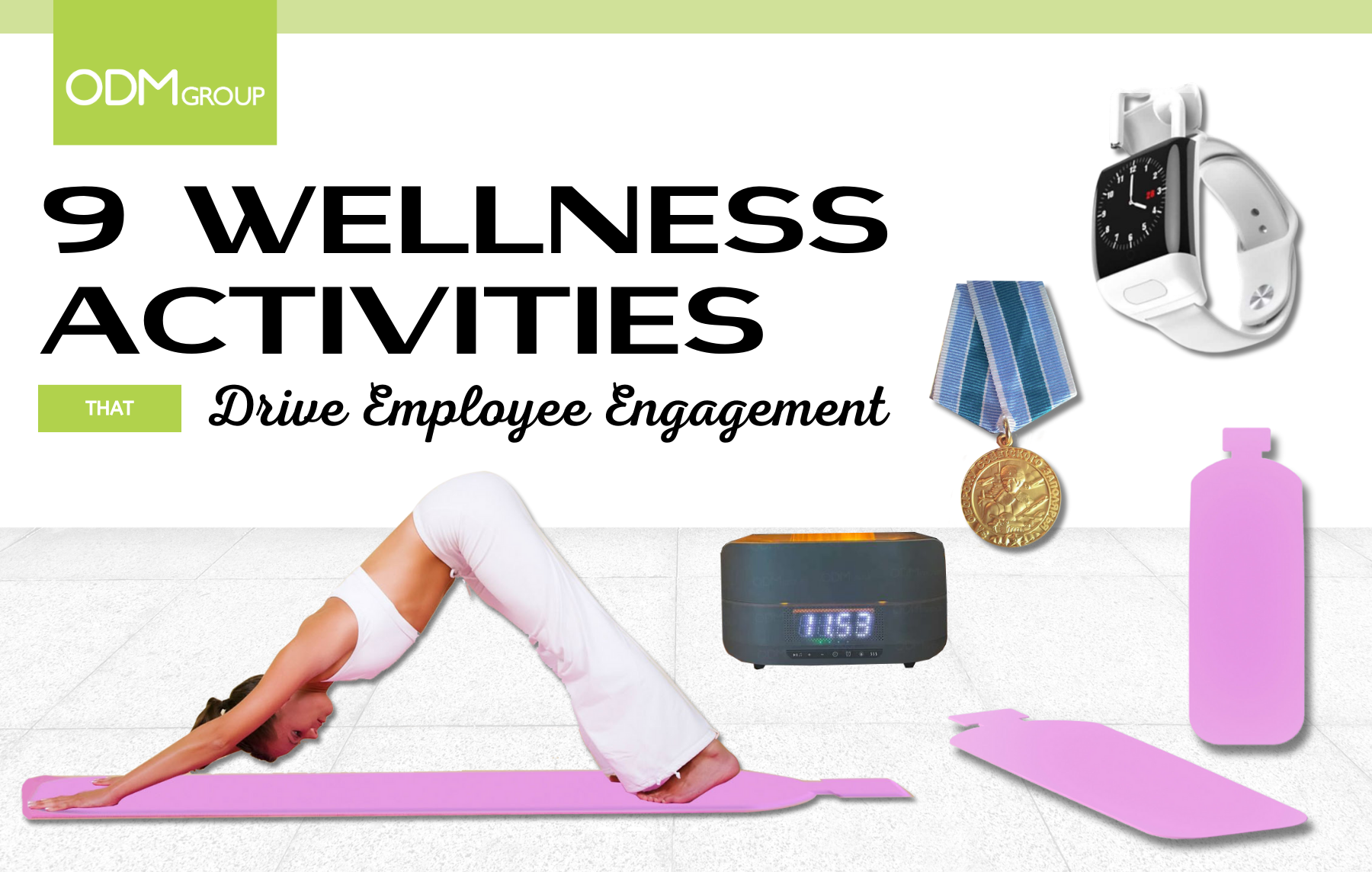 Wellness activities for employees featuring yoga mat, fitness tracker, and water bottle.
