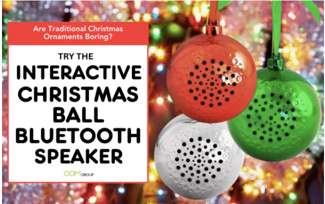Interactive Christmas ball Bluetooth speaker in festive colors, perfect for corporate Christmas gift ideas