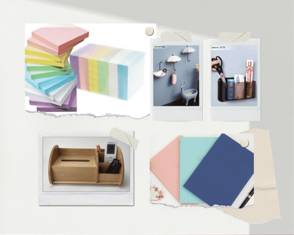 Various office supplies including sticky notes, wall organizers, and a wooden desk organizer.