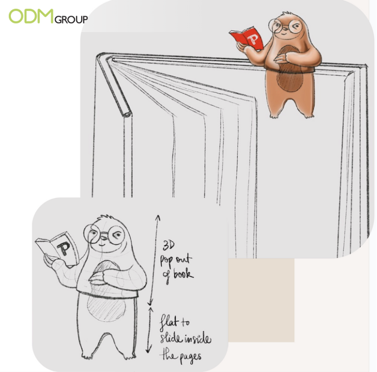 Sketch of a 3D bookmark with a cute sloth design that pops out of a book.