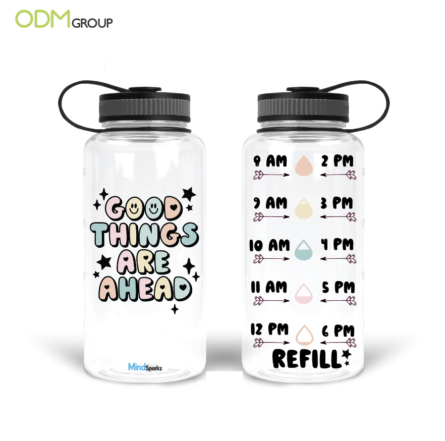 Motivational water bottles with time markers and quotes.