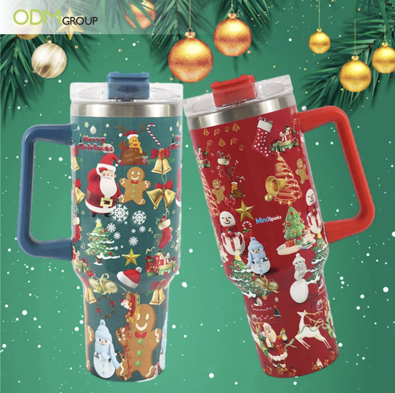 Christmas-themed travel mugs with festive designs.