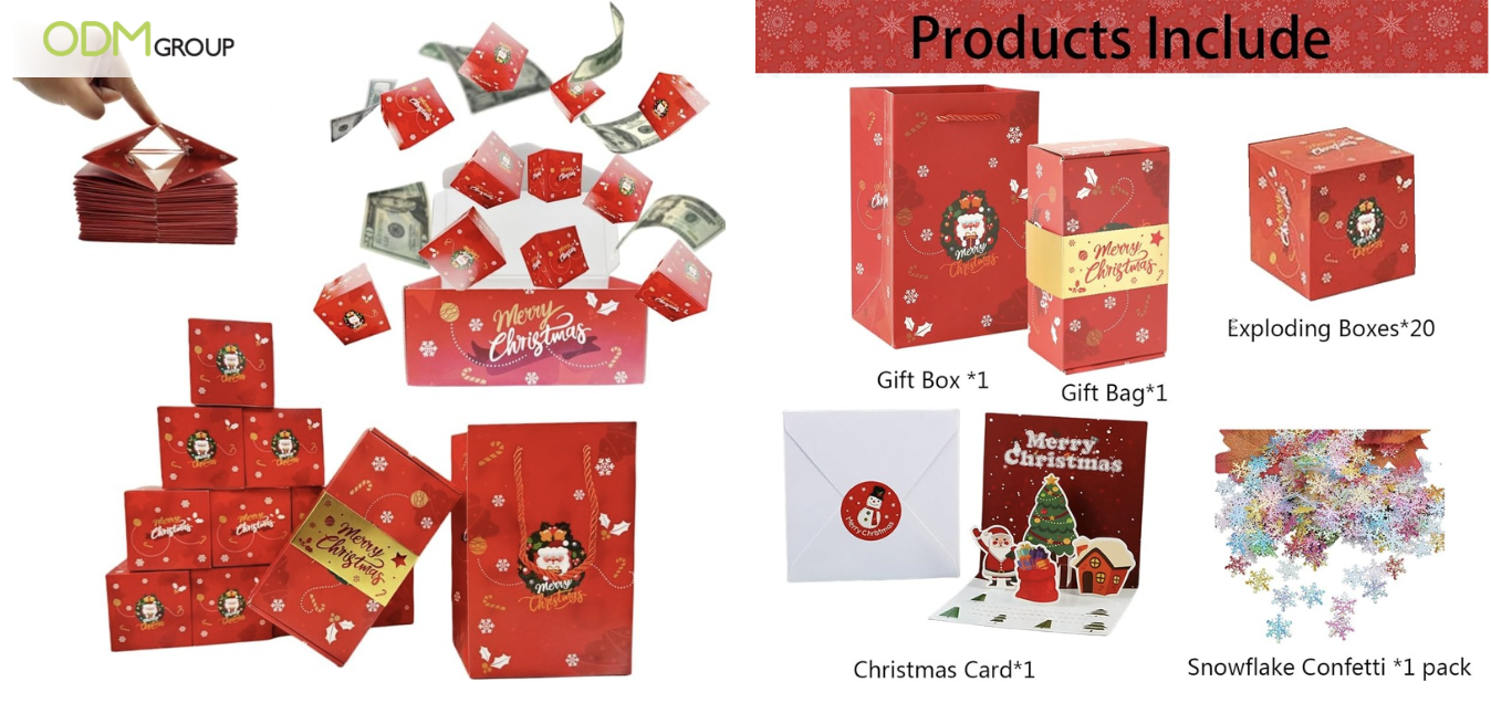 Christmas-themed exploding gift boxes, gift bag, and snowflake confetti.