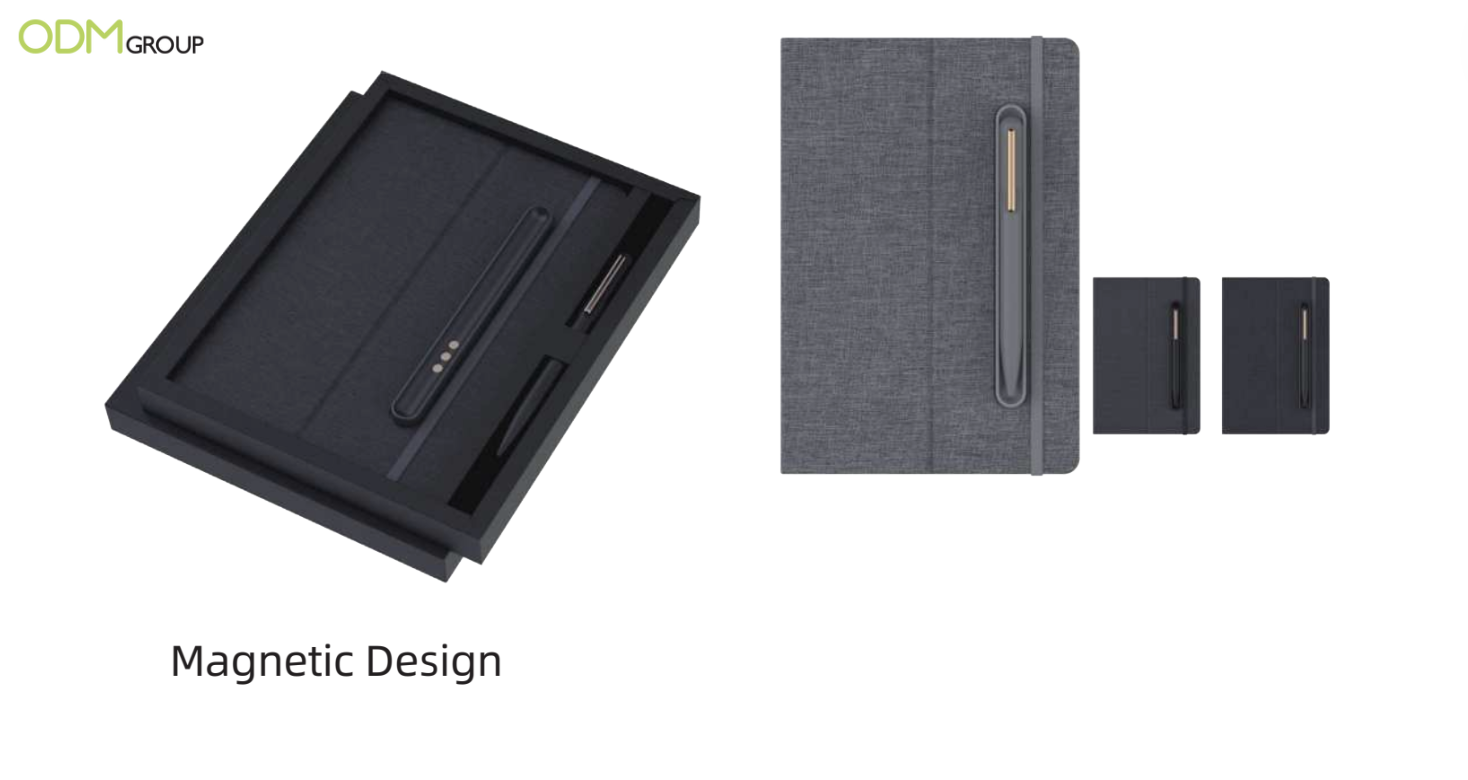 Magnetic design notebook with pen.