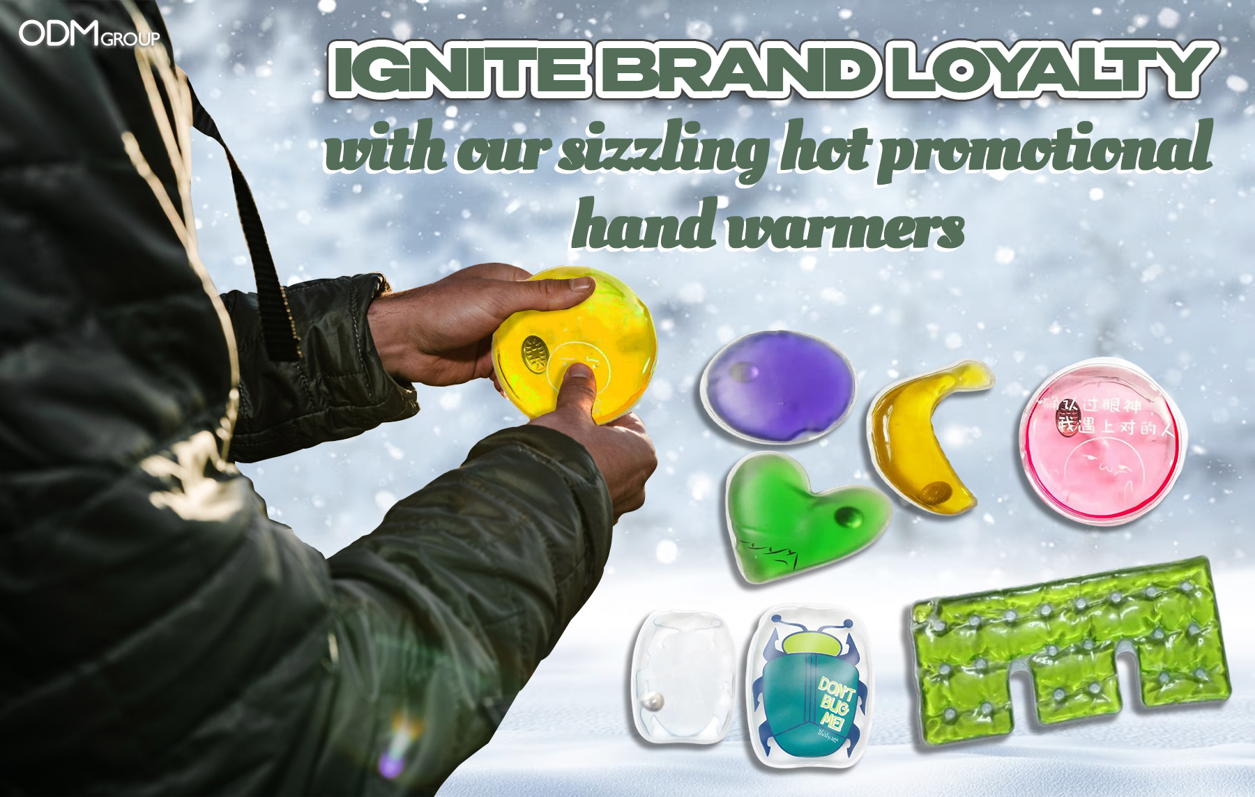 Promotional hand warmers in various shapes and colors.
