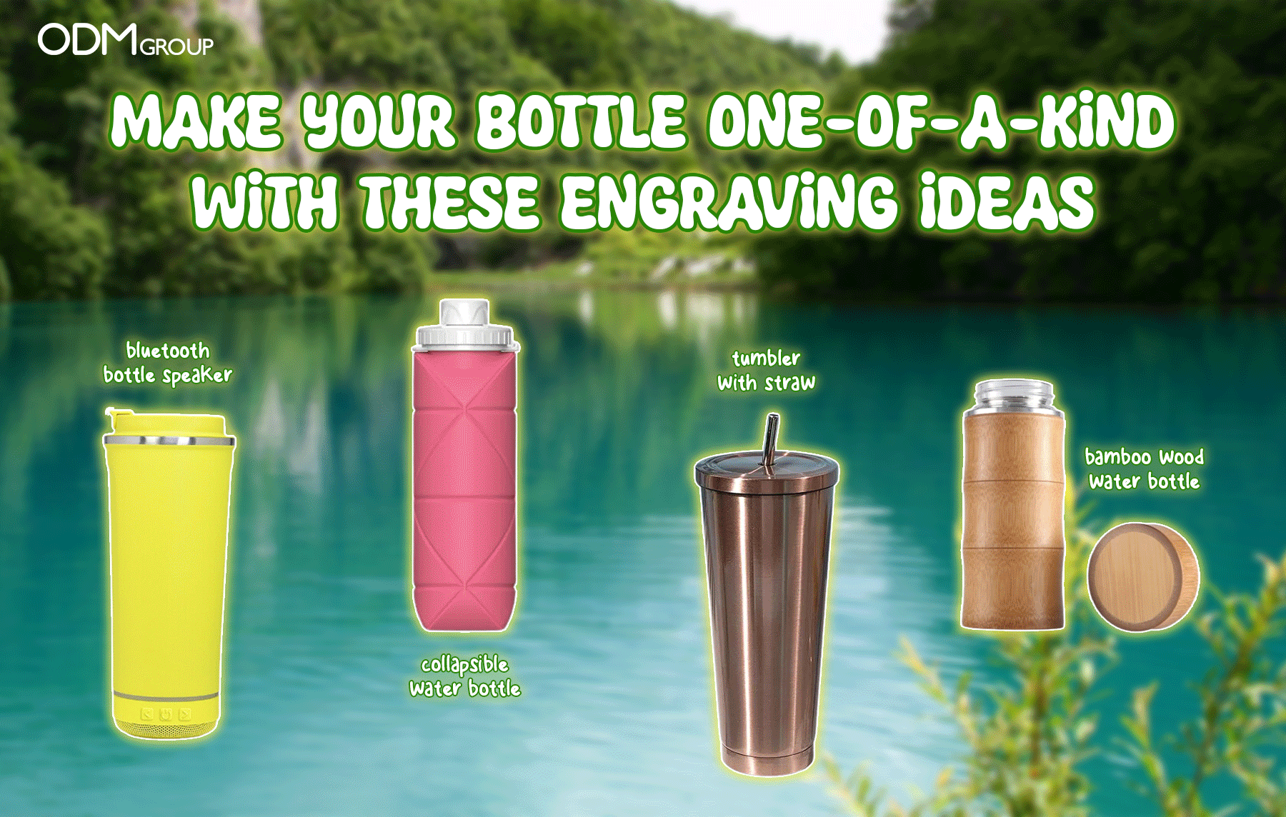 Various water bottles with engraving ideas, ideal for corporate holiday gift ideas.