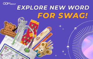 Another word for swag - A variety of fun branded items including socks, bookmarks, and a tote bag, all featuring playful designs.